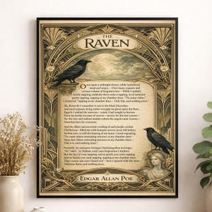 Edgar Allan Raven konsttryck | Amerikansk gotisk poesi | Litterär | Heminredning | Klassisk diktaffisch bild 1