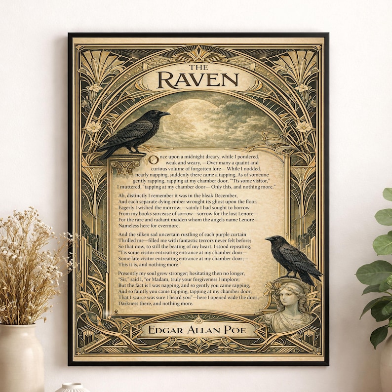 Edgar Allan Raven konsttryck | Amerikansk gotisk poesi | Litterär | Heminredning | Klassisk diktaffisch bild 1