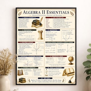 Peut inclure: Une affiche éducative intitulée Algebra II Essentials présentant dix sections sur le vocabulaire, les polynômes, les quadratiques, les fonctions, les graphiques, les radicaux, les exposants, les logarithmes, les suites et les systèmes.