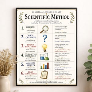 Può includere: Un poster educativo incorniciato intitolato Classical Learning Chart Scientific Method. Delinea sei passaggi: osservare, porre una domanda, formulare un'ipotesi, condurre un esperimento, analizzare i risultati e trarre conclusioni, ognuno con un'icona.