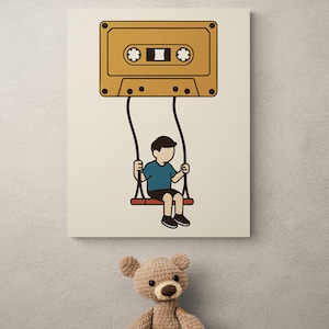 Impresión musical retro / Niño en un columpio con casete / Mixtape infantil / Sala de estar / Decoración beige para el hogar / Arte mural de historia de la música sin marco
