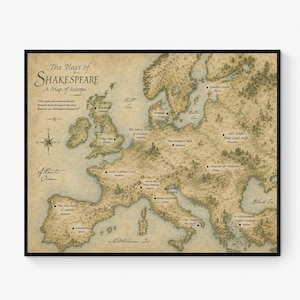 Shakespeare Plays Map of Europe Wall Art Print | Literary Poster | English Teacher Gift | Classroom Home Decor Black Frame