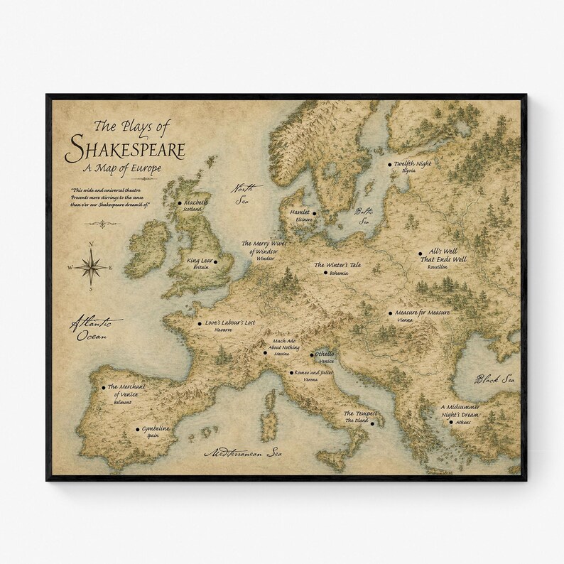 Shakespeare Plays Map of Europe Wall Art Print | Literary Poster | English Teacher Gift | Classroom Home Decor Black Frame