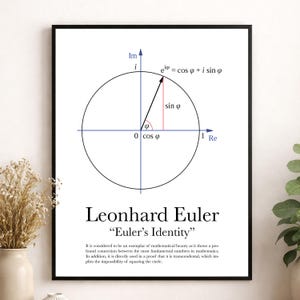 Op de afbeelding: Een ingelijste wandkunstprint met de identiteit van Euler, een diagram van het complexe vlak met een eenheidscirkel, de vergelijking e^iφ = cos φ + i sin φ, en de tekst Leonhard Euler "Euler's Identity" met een beschrijvende alinea over de formule.