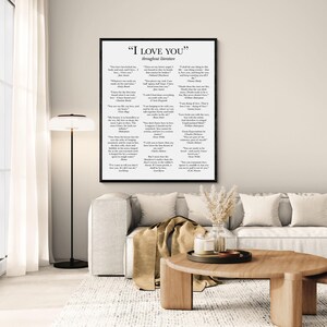 May include: A rectangular wall art print featuring the title "I LOVE YOU" followed by the subtitle "throughout literature" and a collection of romantic literary quotes from various authors, all presented in black text on a white background.