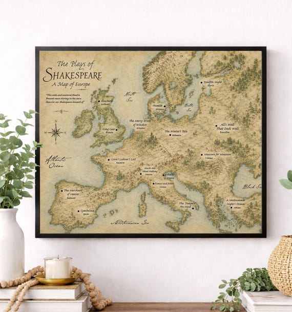 Shakespeare Plays Map of Europe Wall Art Print | Literary Poster | English Teacher Gift | Classroom Home Decor