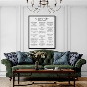 May include: A framed wall art print titled "I LOVE YOU" throughout literature, featuring a collection of romantic quotes from various authors in black text on a white background, displayed in a simple black frame on a white wall.
