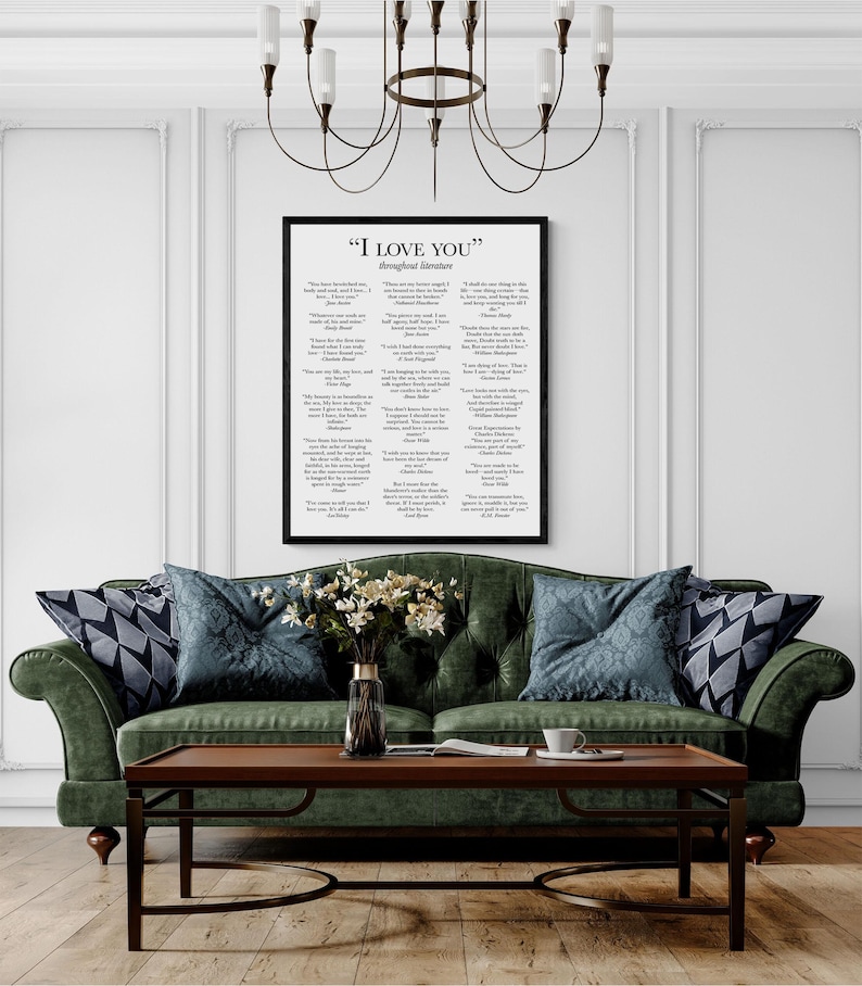May include: A framed wall art print titled "I LOVE YOU" throughout literature, featuring a collection of romantic quotes from various authors in black text on a white background, displayed in a simple black frame on a white wall.