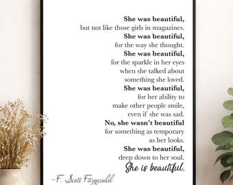 She Was Beautiful Quote Wall Art Print, F Scott Fitzgerald, Literary, Typography Home Decor