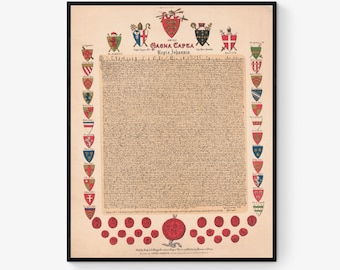 Magna Carta Art Print | History Reproduction | Politics and Coat of Arms | Framing Available | Home Decor | English Historical Poster