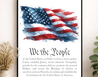 We the People Preamble Wall Art Print – Watercolor American Flag – U.S. Constitution Patriotic Artwork – Historical Home Decor Poster