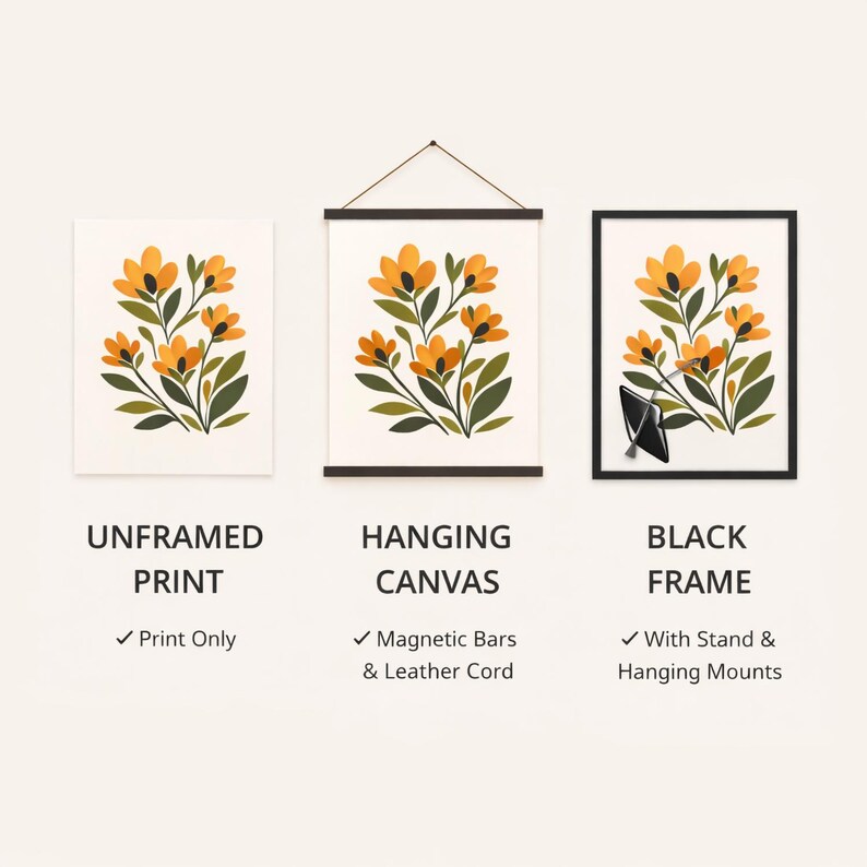May include: Three display options for a floral print featuring yellow flowers and green leaves: an unframed print, a hanging canvas with magnetic bars and a leather cord, and a black frame with a stand and hanging mounts, labeled with text.