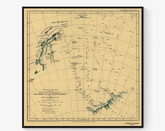 Konsttryck av Ernest Shackletons expeditionskarta | HMS Endurance | Antarktis Sydpol | Vardagsrumsinredning | Vintageposter med båt och fartyg