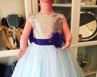 Girls dress in baby blue , silver and deep purple