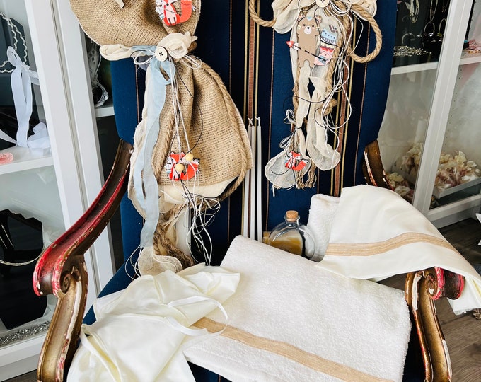 Boys baptismal set with wooden Indians fox and squirrel.