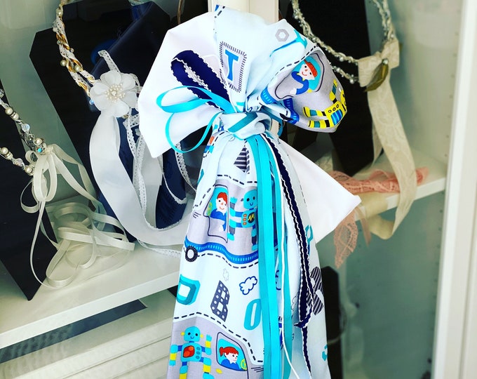 Boys baptism candle with a robot and card design