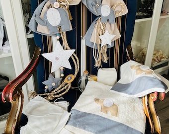 Boys baptismal set with Grey little elephant , stars in white and light brown.
