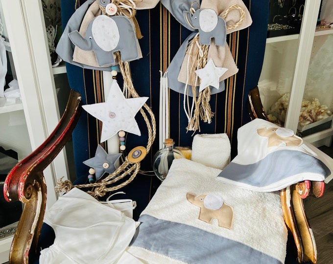 Boys baptismal set with Grey little elephant , stars in white and light brown.