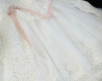 Girls baptism dress in off-white and dusty rose details