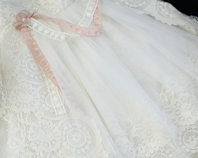 Girls baptism dress in off-white and dusty rose details