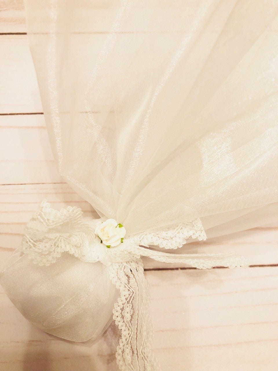 Wedding Or Baptism Bomboniere In White Organza And Lace Ribbon Flower Can Be Any Colour