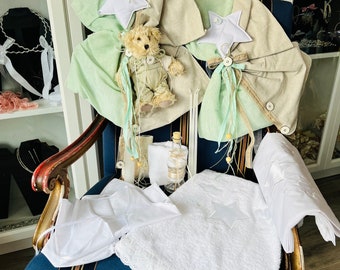 Boys baptismal set with teddy bear and white stars , in burlap and linen.