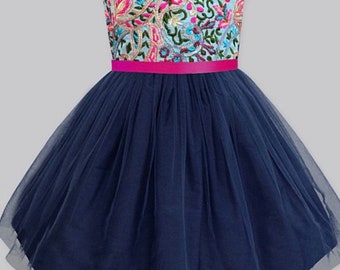 Navy and fuchsia overlay bloom tulle dress