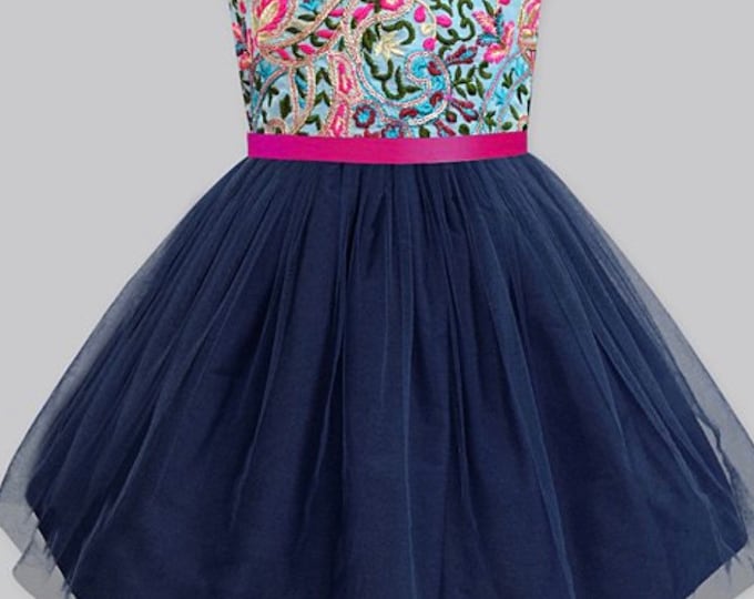 Navy and fuchsia overlay bloom tulle dress