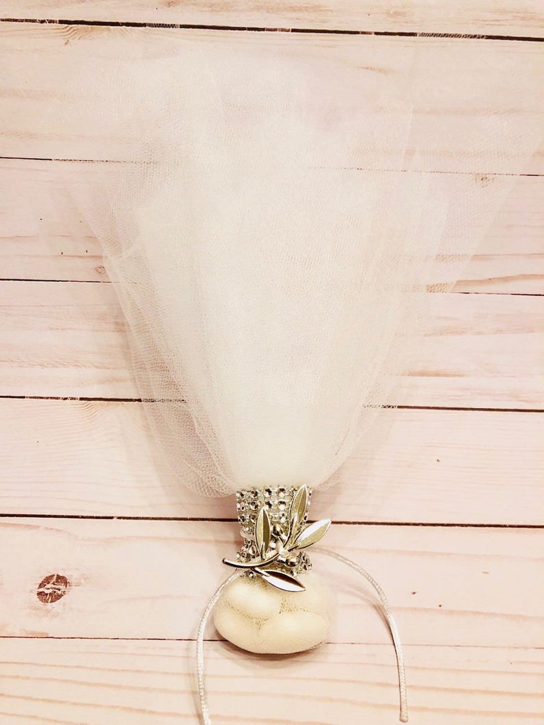 Wedding or baptism bomboniere with greek olive leaf in silver