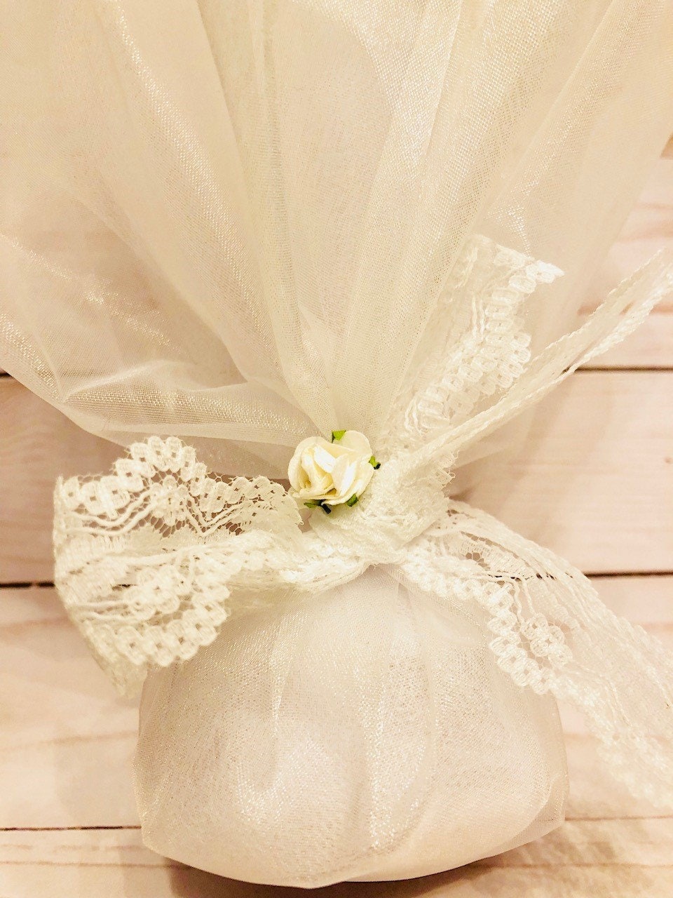 Wedding Or Baptism Bomboniere In White Organza And Lace Ribbon Flower Can Be Any Colour