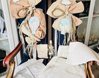 Boys baptismal set with hot air balloon in light brown mint green and beige.