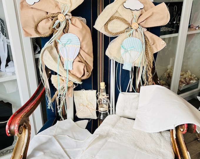 Boys baptismal set with hot air balloon in light brown mint green and beige.