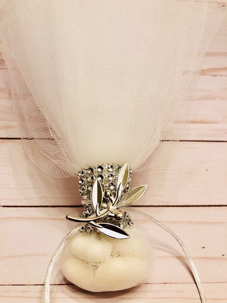 Wedding or baptism bomboniere with greek olive leaf in silver