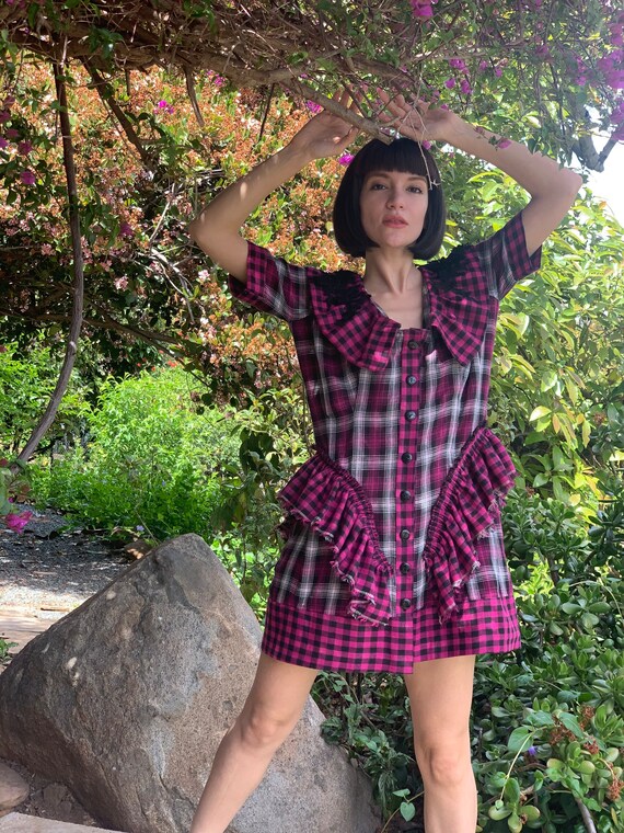 plaid dress grunge Plaid Gauze Dress: 90s Grunge Flounce, Zero Waste Design