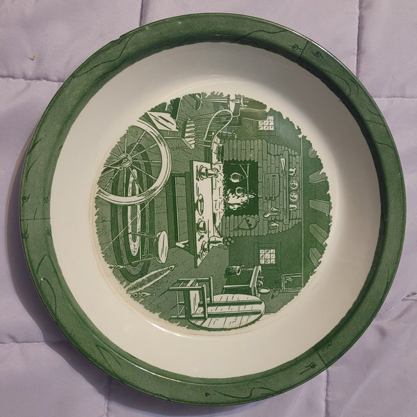 Vintage Royal China Colonial Homestead Green Transferware 10" Pie Plate Dish