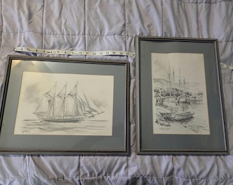 Camden Harbor Maine Set of 2 Framed Matted Prints of Pencil Sketches  by Jas. F. Murray 1980s