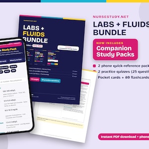 Op de afbeelding: Een digitaal studiepakket genaamd Labs + Fluids Bundle van nursestudy.net, met een smartphone die elektrolyt-referentiewaarden toont, een donkerblauwe documentomslag en een lijst met inbegrepen materialen zoals quizzen en flashcards.