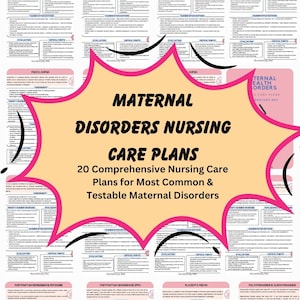 May include: A collection of nursing care plans for maternal disorders. The image features a central graphic with the text "MATERNAL DISORDERS NURSING CARE PLANS" and smaller cards detailing various conditions like Uterine Rupture and Preterm Labor. The overall color scheme is pink and white.