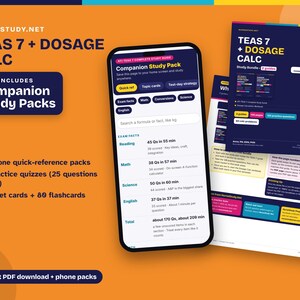 May include: A digital study guide bundle for TEAS 7 and dosage calculations, featuring a smartphone displaying exam facts, reading, math, science, and English sections, alongside printed pages detailing study packs, practice quizzes, and flashcards.