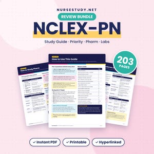 May include: A digital study guide bundle for the NCLEX-PN exam from NURSESTUDY.NET, featuring 203 pages of content including study guides, priority, pharmacology, and lab information. The documents are printable, hyperlinked, and in PDF format.