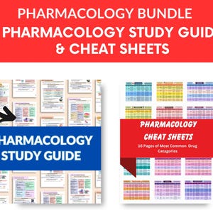 Könnte beinhalten: Ein Bündel von Pharmakologie-Lernmaterialien. Das Bild zeigt ein Studienführer und Spickzettel. Der Studienführer ist mit "Pharmakologie Studienführer" in einem blauen Banner beschriftet. Die Spickzettel sind mit "Pharmakologie Spickzettel" beschriftet.
