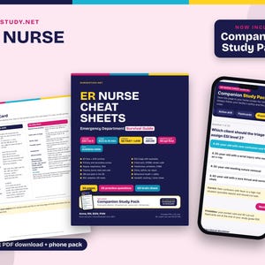 May include: A digital and printable ER Nurse Cheat Sheets survival guide featuring an ED pocket card, a 50-page study guide, and a mobile companion study pack. The materials include practice questions, triage information, and clinical reference data.