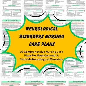 May include: A green and yellow graphic with the text "Neurological Disorders Nursing Care Plans" and "19 Comprehensive Nursing Care Plans for Most Common & Testable Neurological Disorders". The graphic lists 19 different neurological disorders with their abbreviations, such as Trigeminal Neuralgia, Traumatic Brain Injury, Subarachnoid Hemorrhage, Spinal Cord Injury, Multiple Sclerosis, Bell's Palsy, Alzheimer's Disease, Amyotrophic Lateral Sclerosis, Parkinson's Disease, and more.