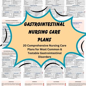 May include: A collection of nursing care plans for gastrointestinal disorders. The image features multiple pages with detailed information on various conditions, including Ulcerative Colitis, Peptic Ulcer Disease, and Crohn's Disease. The central text reads "Gastrointestinal Nursing Care Plans".
