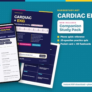 May include: A digital study resource for nursing featuring a smartphone displaying EKG cheat sheets, alongside printed cards. The text includes "NURSESSTUDY.NET", "CARDIAC EKG", "Companion Study Pack", and various medical data points.