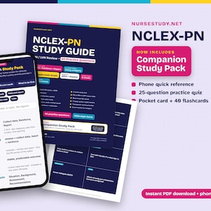 Op de afbeelding: Een digitale NCLEX-PN studiegids weergegeven op een smartphonescherm naast gedrukt studiemateriaal. De donkerblauwe en witte interface bevat tekst zoals Companion Study Pack, 60 practice questions en diverse verpleegkundige onderwerpen.