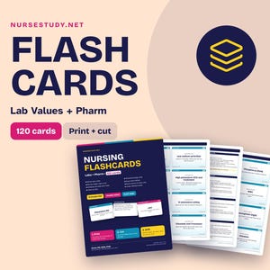May include: A set of 120 nursing flashcards for lab values and pharmacology study. The digital product includes printable PDF sheets with dark blue, white, and pink accents. Text includes NURSESSTUDY.NET, FLASH CARDS, Lab Values + Pharm, and 120 cards.