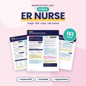 May include: A digital ER Nurse study bundle featuring 161 pages of medical reference sheets. The documents include text on triage, EKG, drips, lab values, and OB emergencies, with headers like After ROSC and Post-Cardiac Arrest.