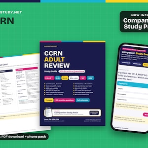 May include: A CCRN Adult Review study guide set including a printable pocket card, a 71-page PDF study guide with 100 practice questions, and a mobile companion study pack. The materials feature medical reference charts, clinical data, and quiz interfaces.