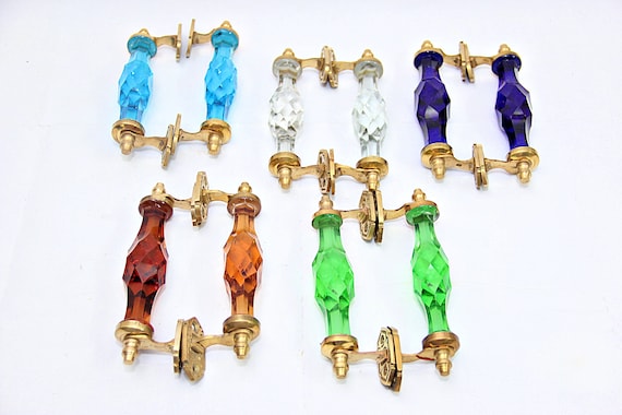 Vintage Victorian Brass & Cut Glass Pull Handles: Antique Door Hardware